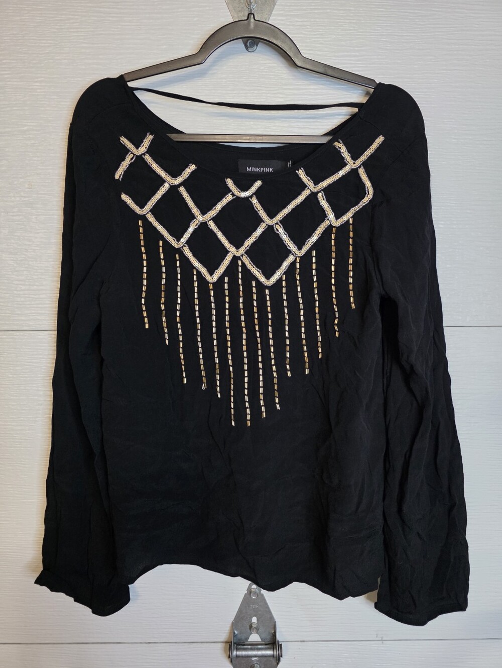 MINKPINK Black Long-Sleeve Top with Gold Bead Fringe